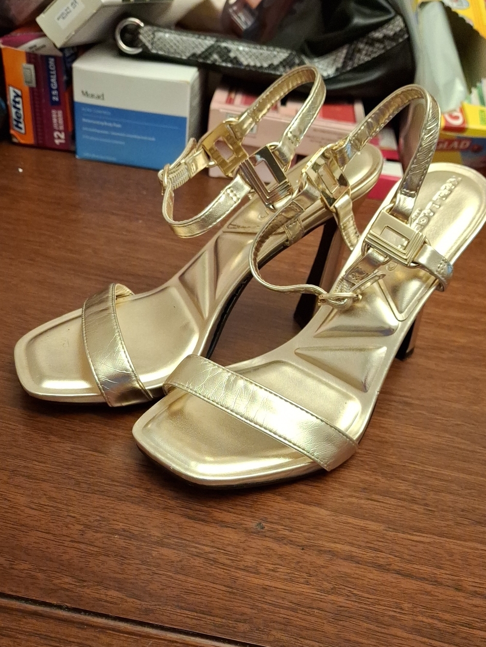 Karl Lagerfeld Cybil Gold Metallic Strappy High Heel Sandals 6M New